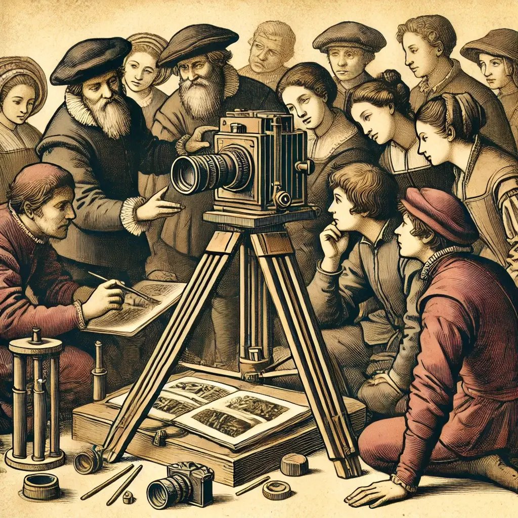 DALL·E 2024-09-30 00.41.04 - An illustration in a 16th-century style showing a group of younger people being taught how to set up camera equipment. The scene includes a mentor dem